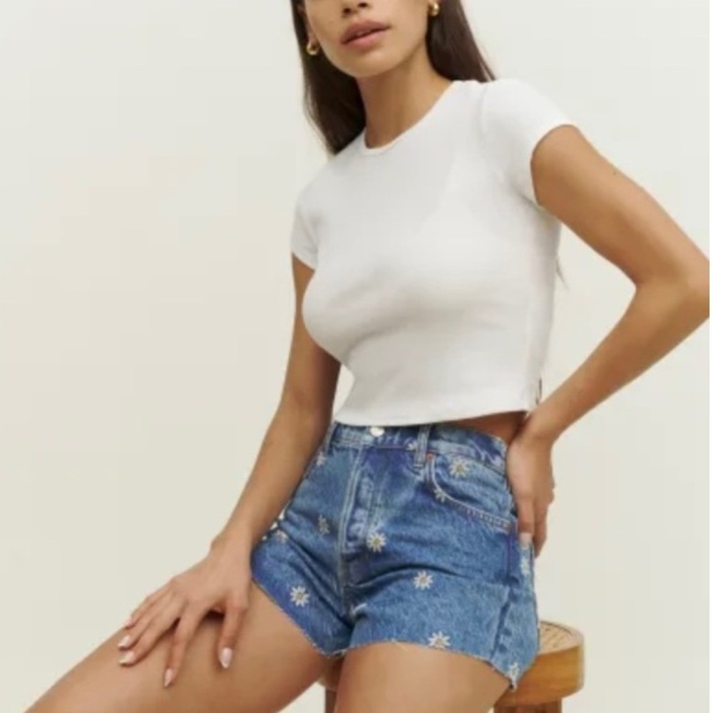 Reformation Jeans Charlie High Rise‎ Daisy Embroidered Denim Shorts Raw Hem 24